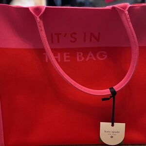 kate spade Pink and Red Canvas Tote with 'It's In The Bag'